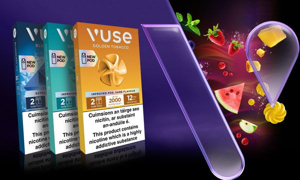 Three Vuse ePod pods against a yellow and black background