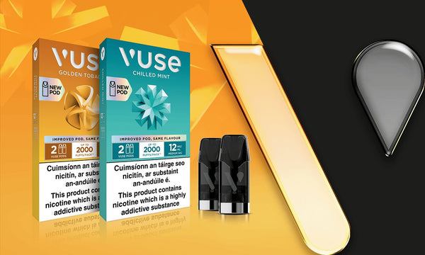 Three Vuse ePod pods against a yellow and black background