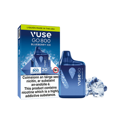 A Vuse Go 800 Blueberry Ice disposable vape next to its packaging