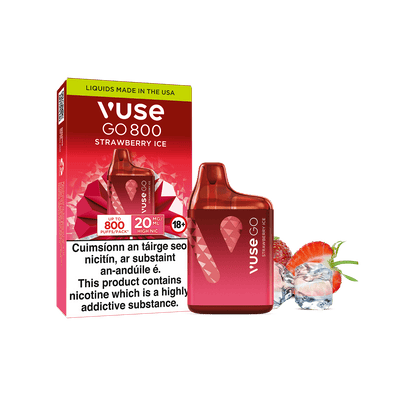 A Vuse Go 800 Strawberry Ice disposable vape next to its packaging