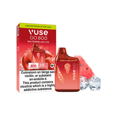 A Vuse Go 800 Watermelon Ice disposable vape next to its packaging