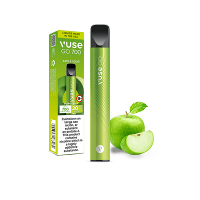 A Vuse GO 700 Apple Sour disposable vape next to its packaging