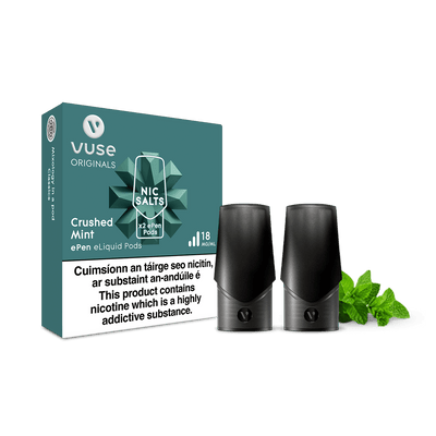 A pack of Vuse Crushed Mint ePen Pods with nic salts, containing two eliquid pods, which are on show.