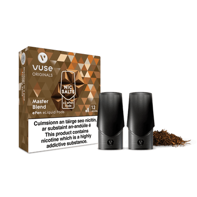 A pack of Vuse Master Blend ePen Pods with nic salts, containing two eliquid pods, which are on show.