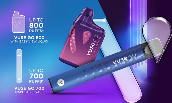 Three disposable vapes against a colourful background.