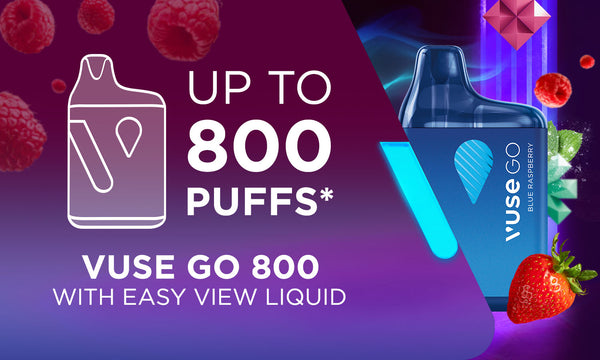 A Vuse Go 800 against a colourful geometric background.