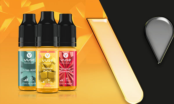 Three eLiquids bottles against a yellow and black background