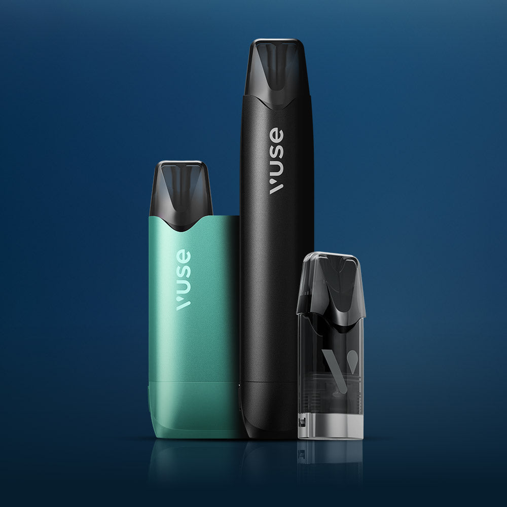 Vuse Ireland Three Vuse vape devices—one green, one black, and one smaller transparent cartridge—are standing upright against a gradient blue background.