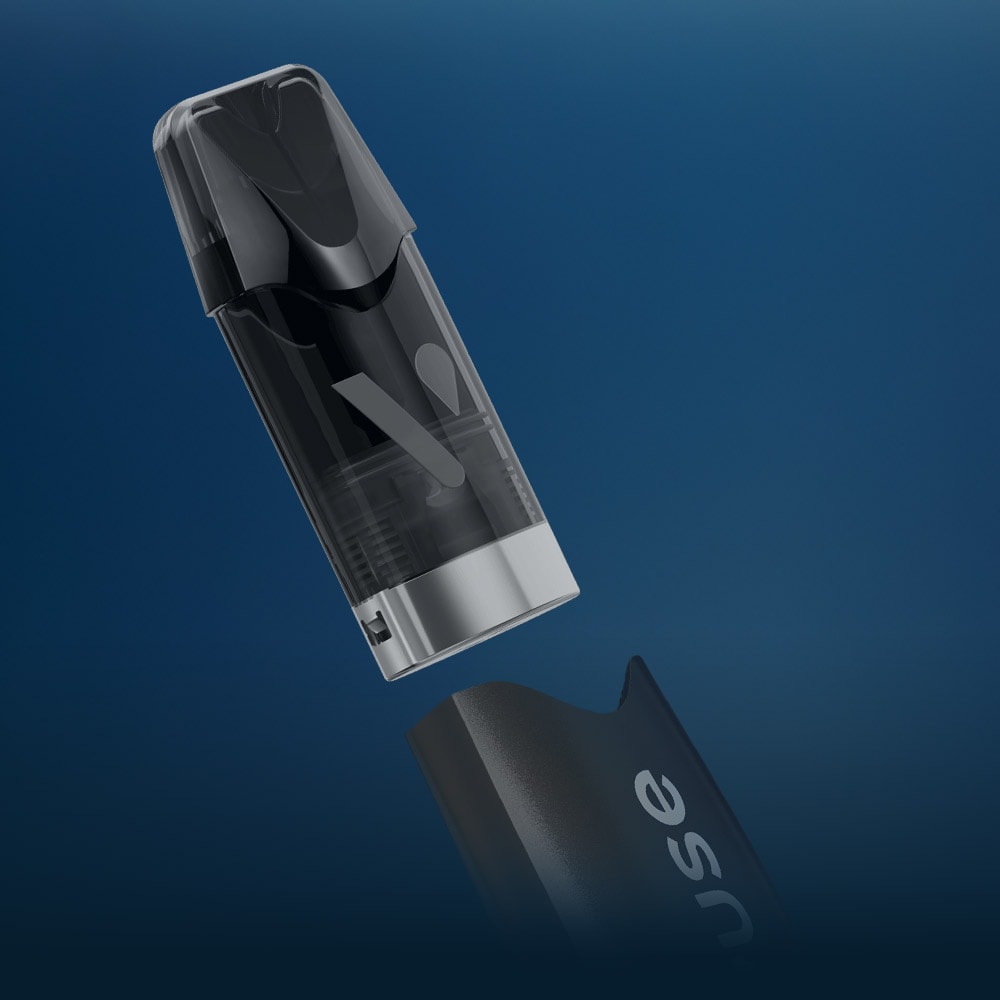 Vuse Ireland A close-up of a black and transparent vape pod being separated from its dark gray base against a blue gradient background.