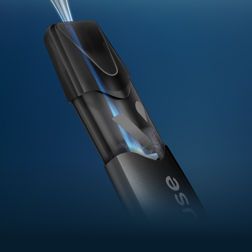 Vuse Ireland A close-up of a sleek, black electronic device with a curved mouthpiece against a dark blue background, featuring blue light streaks suggesting airflow or technology.