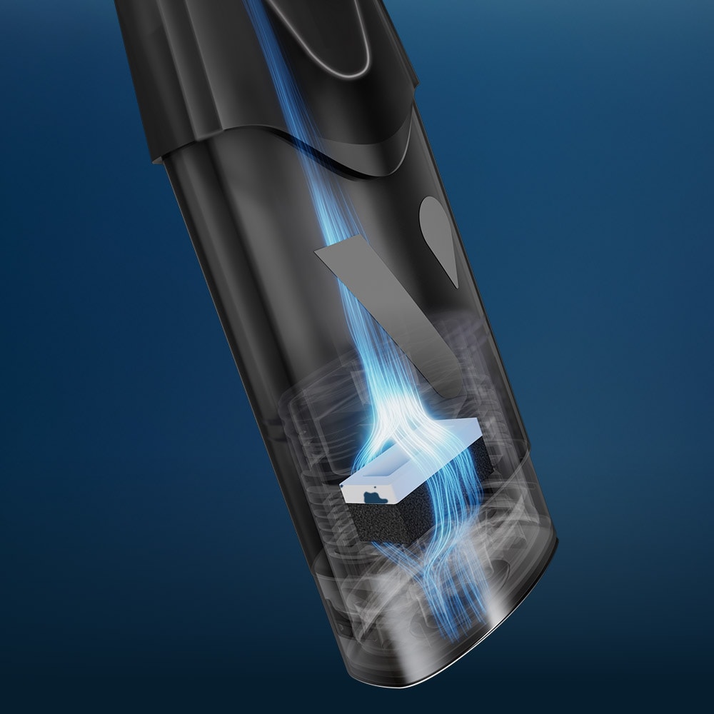 Vuse Ireland A black spray can with a cutaway view showing air flowing through a filter inside the can, set against a blue background.