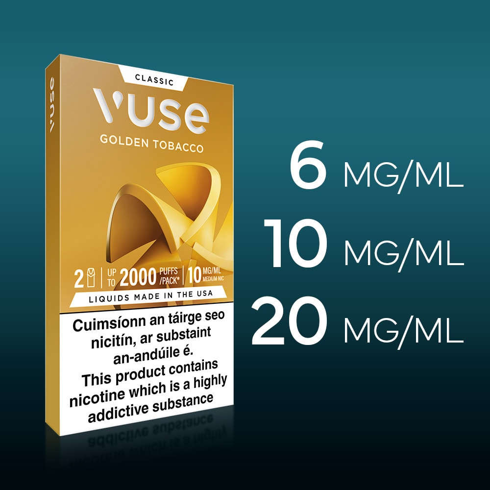 Vuse Ireland Golden Vuse Classic Golden Tobacco vape box with white text showing nicotine strengths: 6 mg/mL, 10 mg/mL, 20 mg/mL. Warning label states product contains highly addictive nicotine.