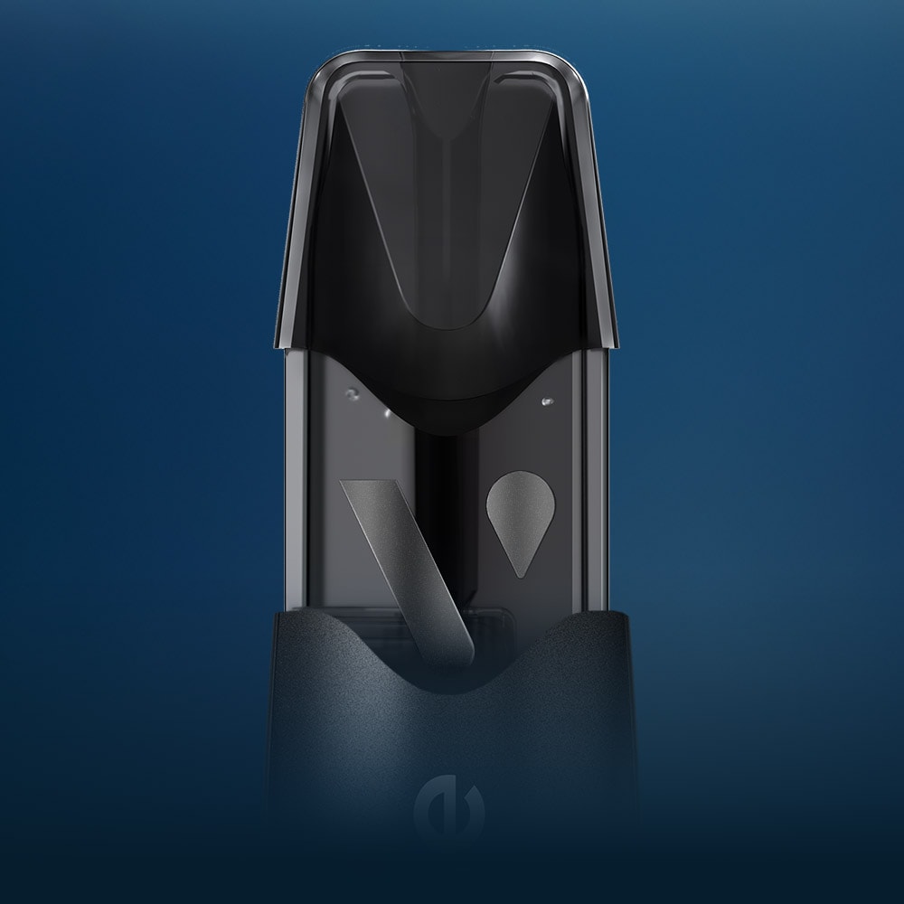 Vuse Ireland A close-up of a sleek black vape pod device with a matte mouthpiece, transparent midsection, and a dark blue gradient background.