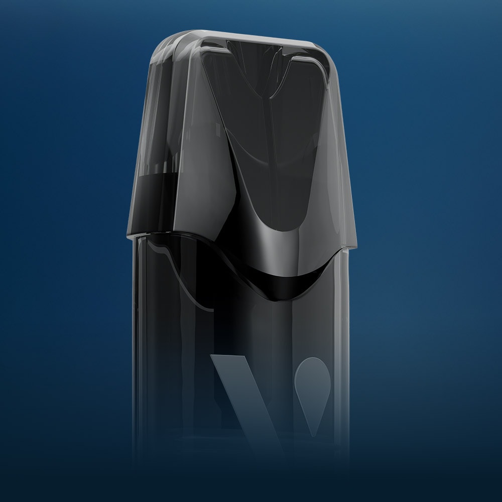 Vuse Ireland A sleek, black, semi-transparent vape pod with a modern design is shown against a dark blue gradient background.