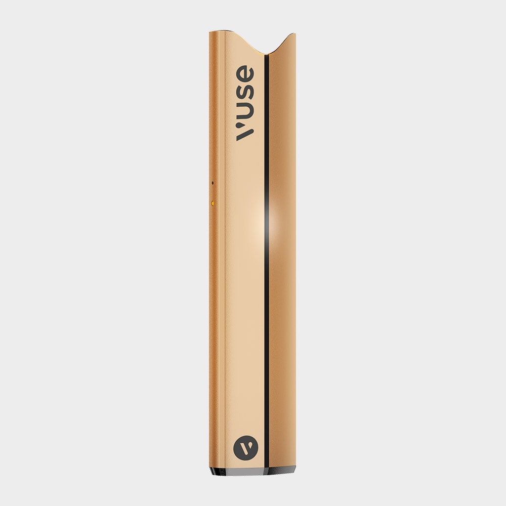 Vuse Ireland A gold-colored Vuse vape device stands upright against a plain white background, displaying the Vuse logo and sleek, minimalist design.
