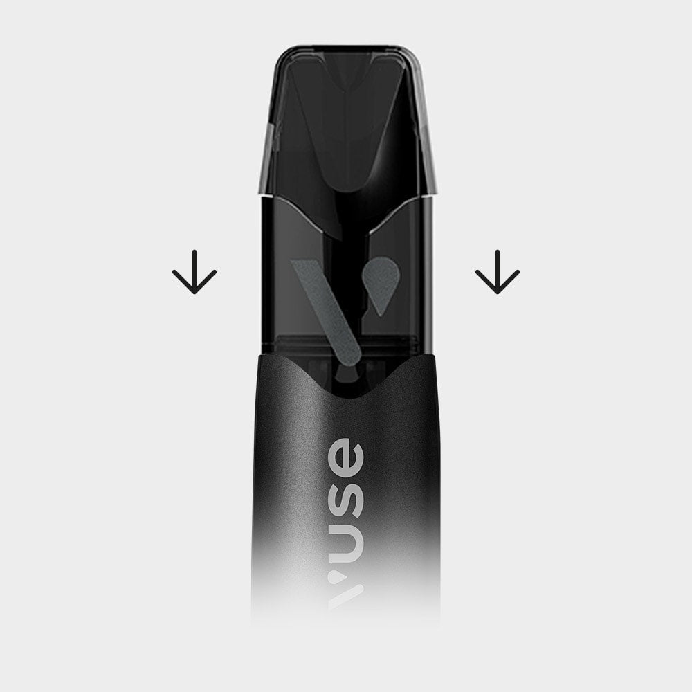 Vuse Ireland A black Vuse vape pen with a transparent top and two black arrows pointing down on either side against a light gray background.
