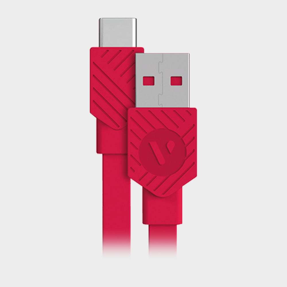 A red USB-A to USB-C cable with textured grips and a circular logo on the USB-A connector, shown against a light gray background.