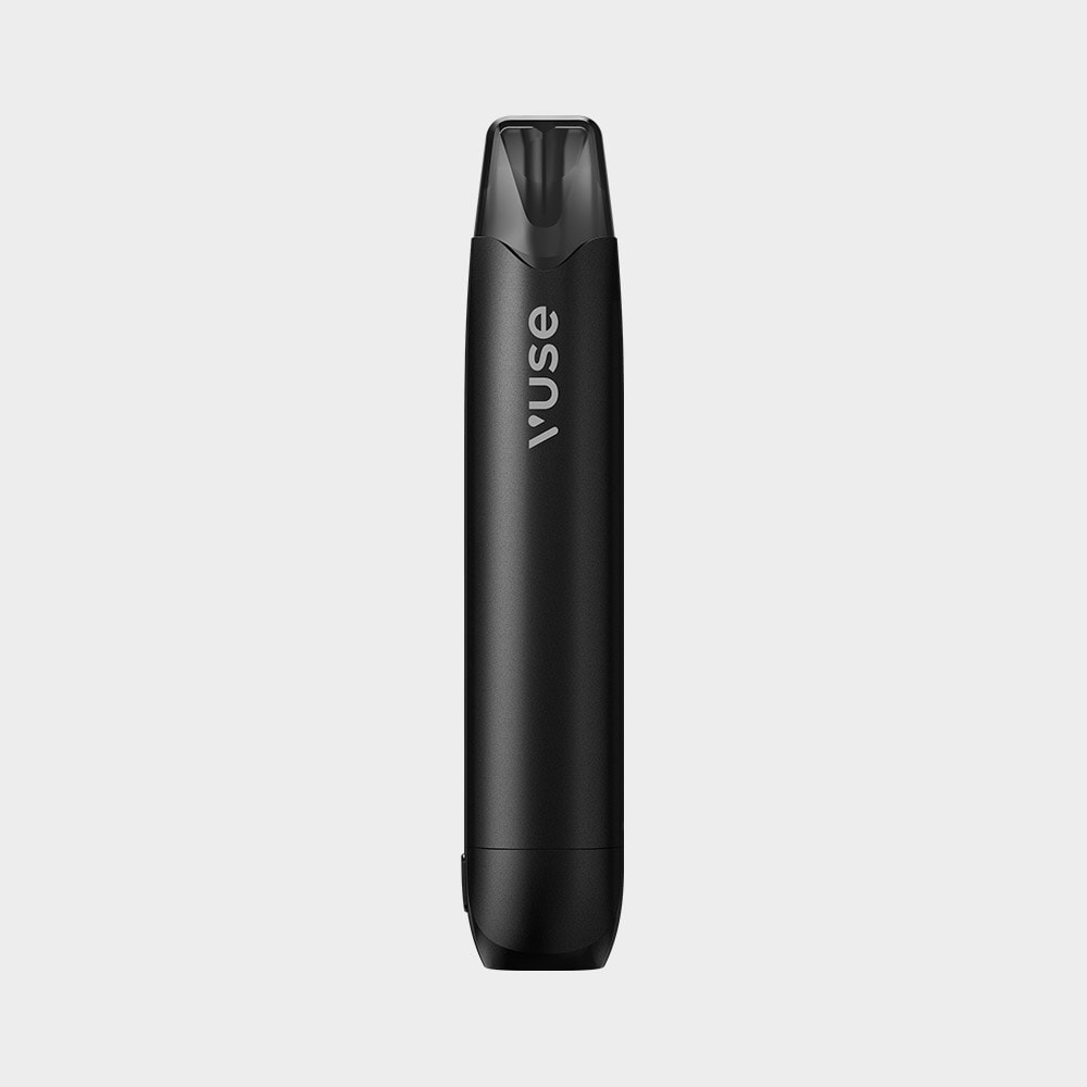 Vuse Ireland A black Vuse vape pen stands upright against a plain light gray background. The word Vuse is printed vertically in white on the device.