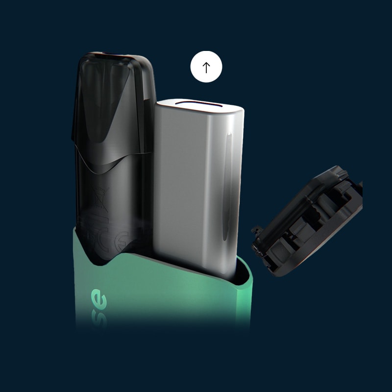 Vuse Ireland A vape device with its pod and battery partially removed, and a cap lifted off to the side, all set against a dark blue background.