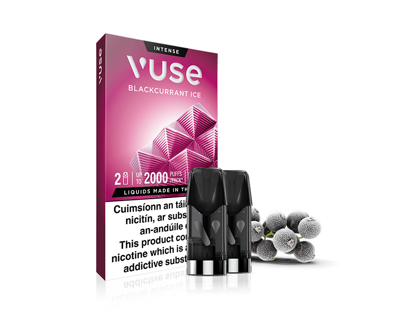 Vuse Ireland Vuse Blackcurrant Ice vape pods packaging with three pods in front and blackcurrant fruits beside the box. Text on box warns about nicotine content and addiction.