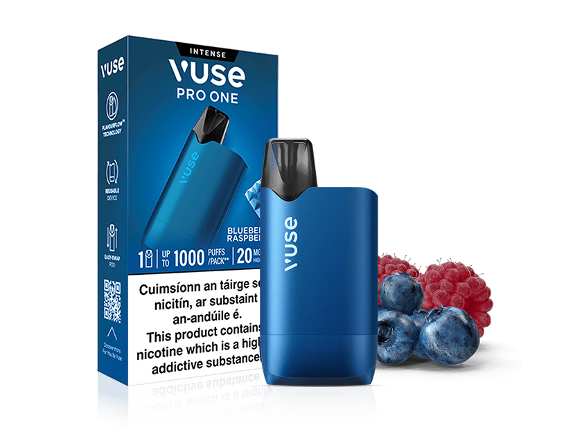 Vuse Ireland A blue Vuse Pro One Box Blueberry Raspberry rechargeable vape device stands next to its product box, which displays text and an image of blueberries and raspberries.