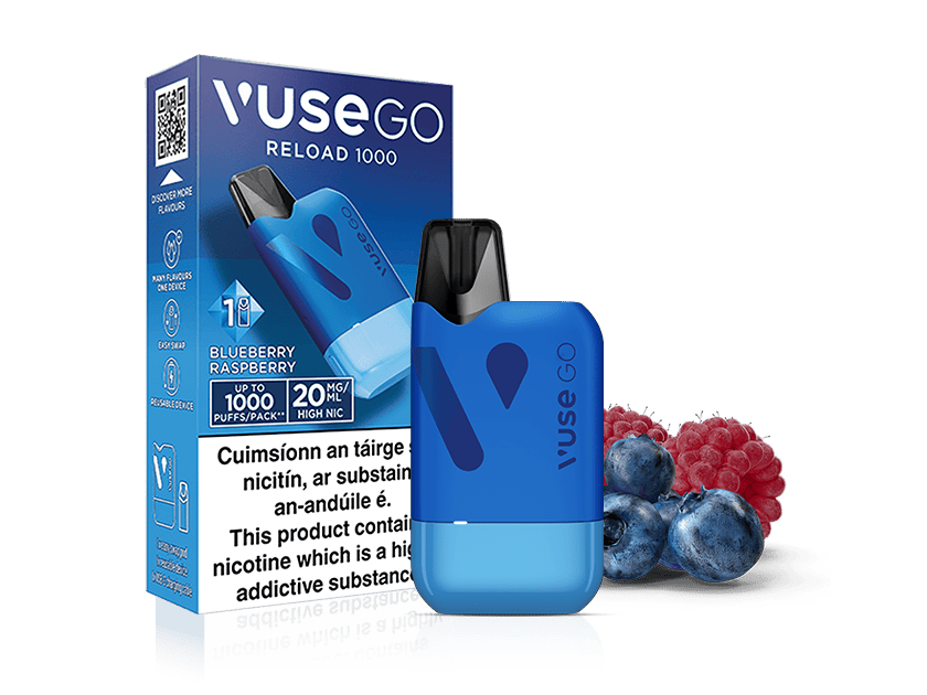 Vuse Ireland Blue Vuse GO vape, box with blueberry raspberry flavor and nicotine info, placed beside fresh blueberries and raspberries on a white background.