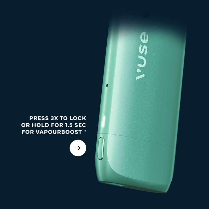 Vuse Ireland Close-up of a green Vuse vape device with instructions: Press 3x to lock or hold for 1.5 sec for VapourBoost™, shown beside the device on a dark background.