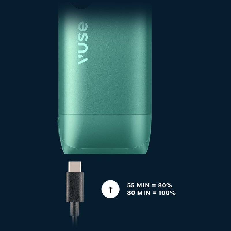 Vuse Ireland A green Vuse vape device above a USB-C charging cable. Text says 55 MIN = 80% and 80 MIN = 100% indicating charging times.