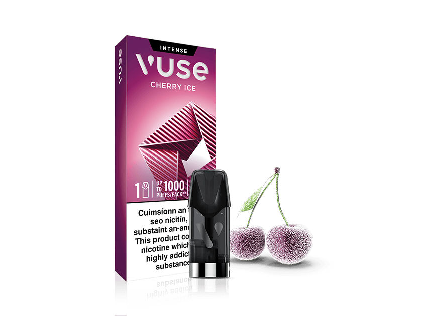 Vuse Ireland A Vuse Cherry Ice vape pod and its pink box are shown next to two frosty cherries with stems on a white background.
