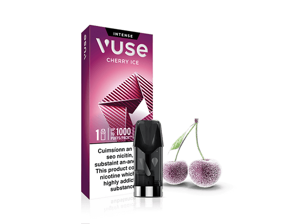 Vuse Ireland A Vuse Cherry Ice vape pod and its pink box are shown next to two frosty cherries with stems on a white background.