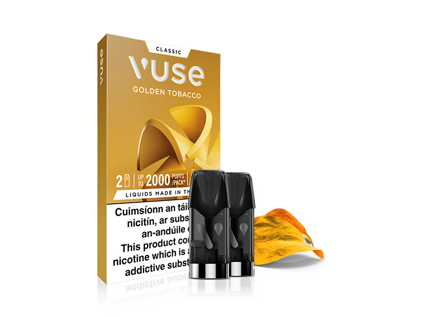 Vuse Ireland A Vuse Golden Tobacco e-liquid pack is shown with two black pods and a golden tobacco leaf beside the box. The packaging highlights 2 pods and up to 2000 puffs per pack.