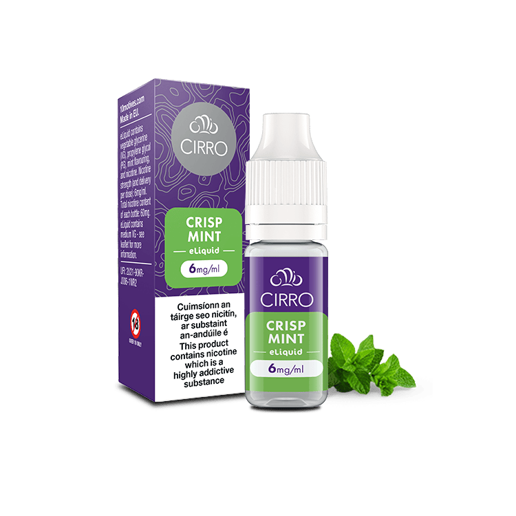 A CIRRO eLiquid Bottle Crisp Mint (6mg/ml, 50:50) stands by its purple and green box with menthol mint leaves in front. Nicotine warnings appear on the packaging, all set against a white background.