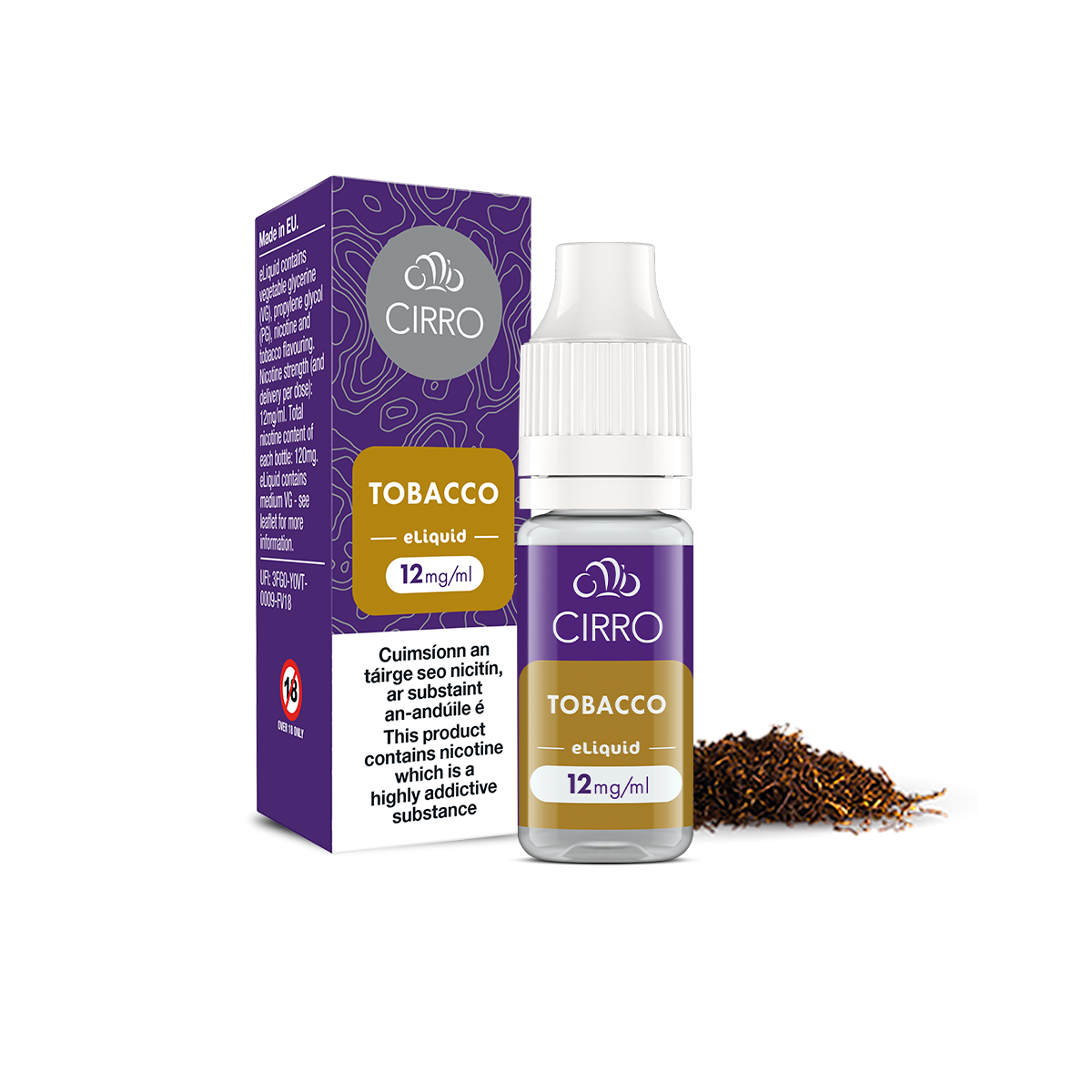 A CIRRO Cirro eLiquid Bottle Tobacco with 12 mg/ml nicotine strength, in purple and yellow packaging, is shown with loose tobacco next to the 50:50 e-liquid bottle on a white background.