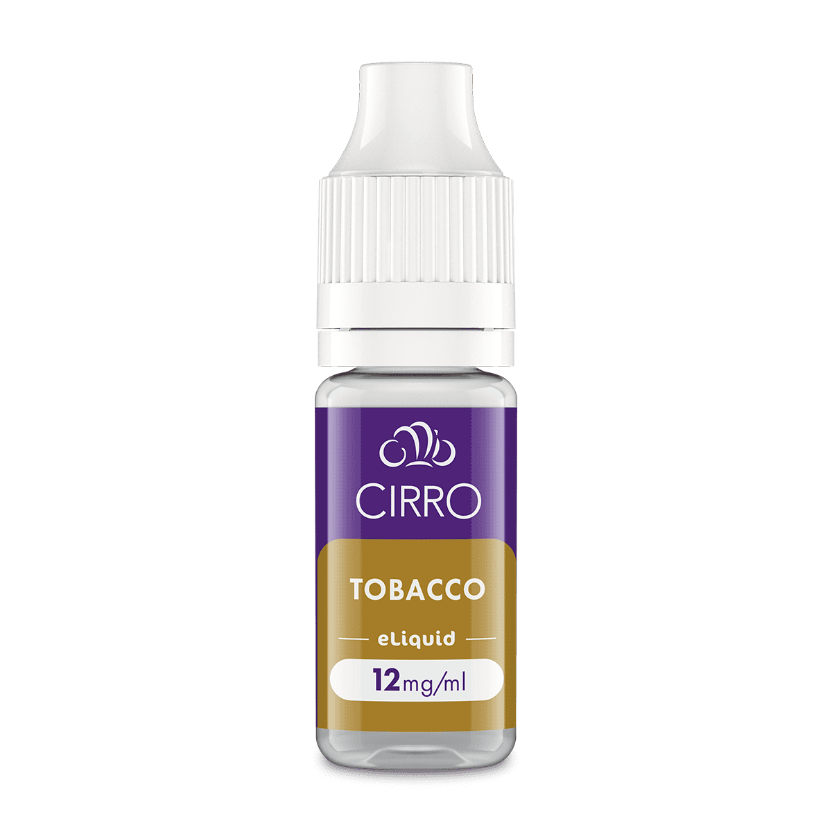 A small CIRRO Cirro eLiquid Bottle Tobacco with a white cap, purple and gold label, and 12 mg/ml nicotine strength—classic 50:50 e-liquid for balanced vaping.