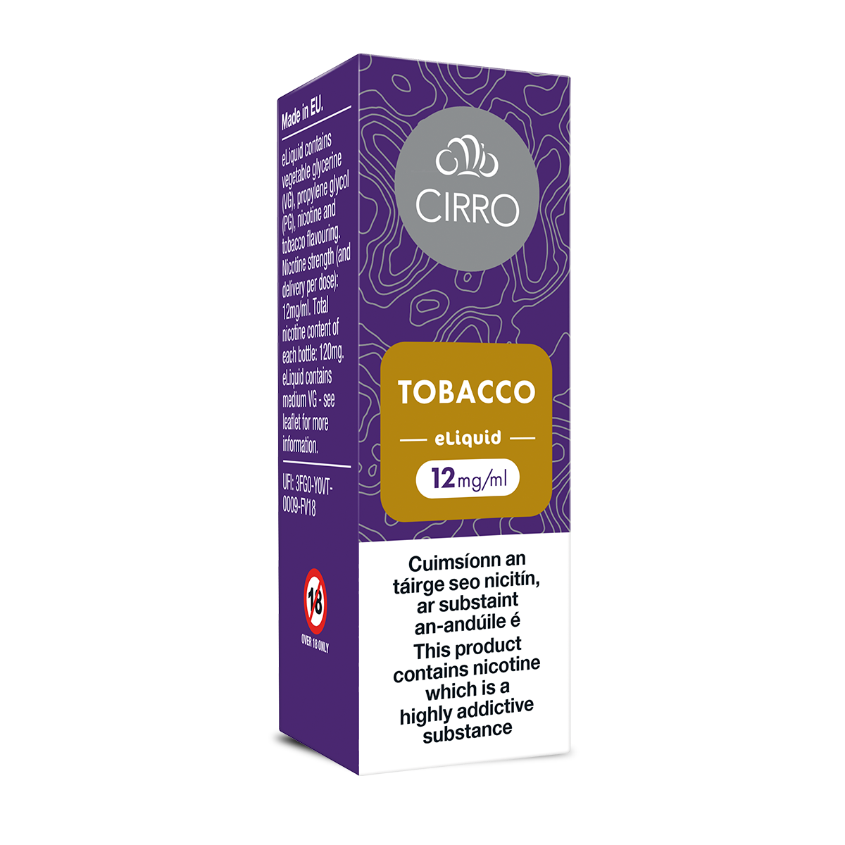 A purple and yellow CIRRO eLiquid Bottle Tobacco box, labeled 12mg/ml. The 50:50 packaging shows health warnings, nicotine strengths in English and French, and a circular CIRRO logo at the top.