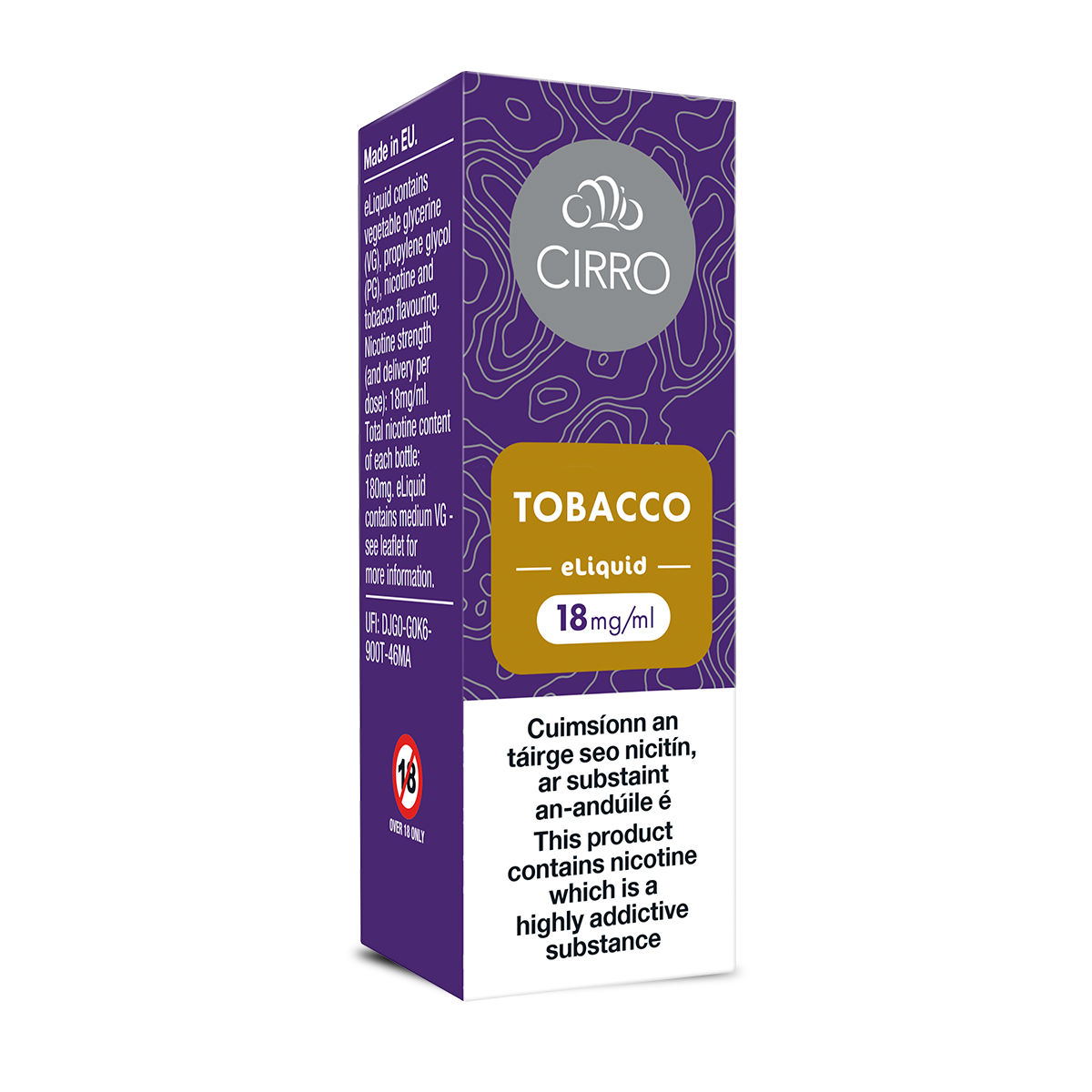 A purple and white CIRRO box of Cirro eLiquid Bottle Tobacco, 18mg/ml nicotine, displays a circular pattern, English and Irish warnings, and highlights a balanced 50:50 e-liquid formula.