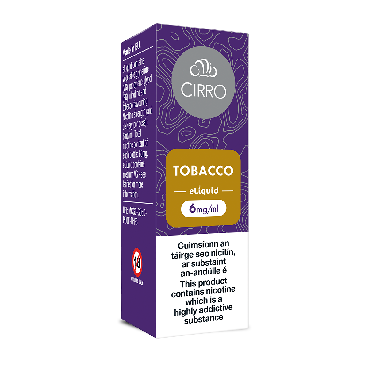 A purple and white CIRRO Cirro eLiquid Bottle Tobacco, labeled 6 mg/ml, shows nicotine strength and safety warnings in English and Irish. This 50:50 e-liquid emphasizes its balanced nicotine content.