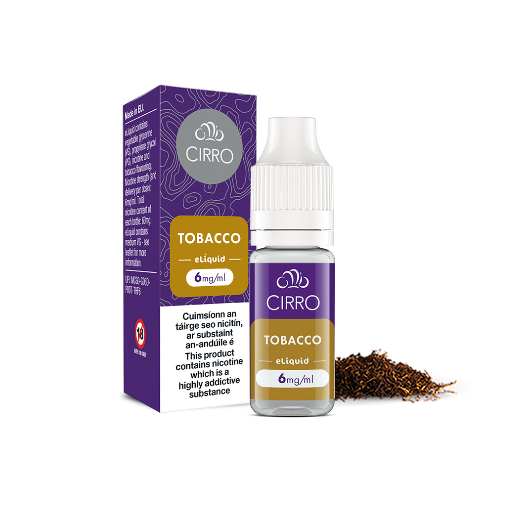 A Cirro eLiquid Bottle Tobacco by CIRRO (6mg/ml) stands beside its purple and yellow box, with loose tobacco nearby. The packaging displays nicotine strength and a health warning.