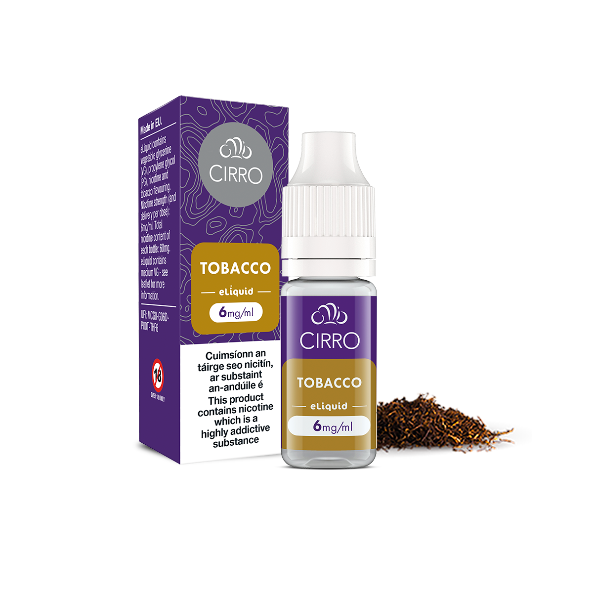 A Cirro eLiquid Bottle Tobacco by CIRRO (6mg/ml) stands beside its purple and yellow box, with loose tobacco nearby. The packaging displays nicotine strength and a health warning.
