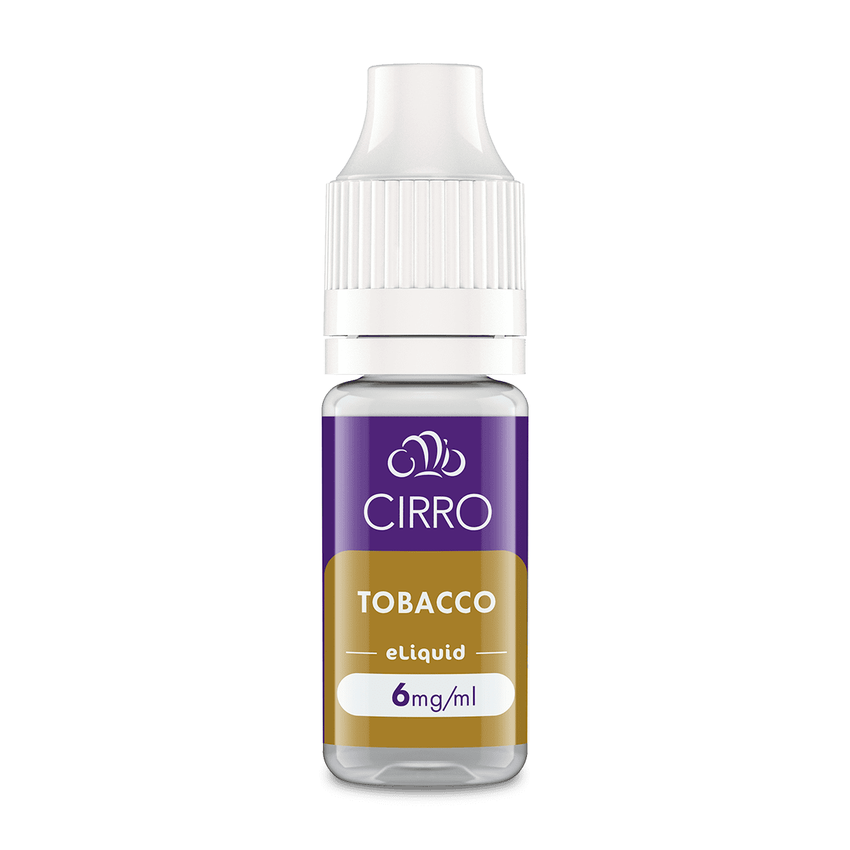 A small CIRRO eLiquid Bottle Tobacco with a purple and gold label displaying 6mg/ml nicotine strength, shown against a plain white background.