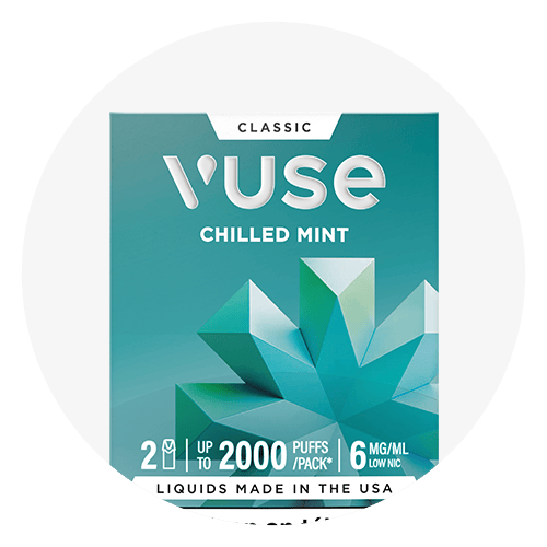 Vuse Ireland Vuse Chilled Mint vape packaging with geometric mint graphic. Text reads “Classic,” “Up to 2000 puffs/pack,” “6 mg/mL low nic,” and “Liquids made in the USA.” Box is teal and white.