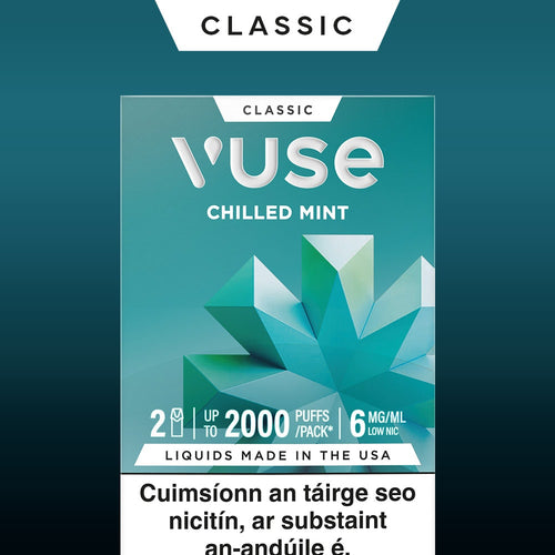 Vuse Ireland Vuse Chilled Mint vape box with geometric mint design, text showing 2 pods, up to 2000 puffs per pack, 6mg/ml nicotine, a warning in Irish, and “Liquids Made in the USA.”.