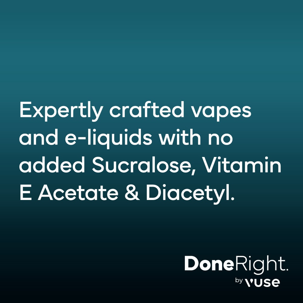 Text on a blue background: Expertly crafted vapes and e-liquids, including VUSE Golden Tobacco Classic Flavour Pods for the ePod, with no added Sucralose, Vitamin E Acetate & Diacetyl. DoneRight. by Vuse.