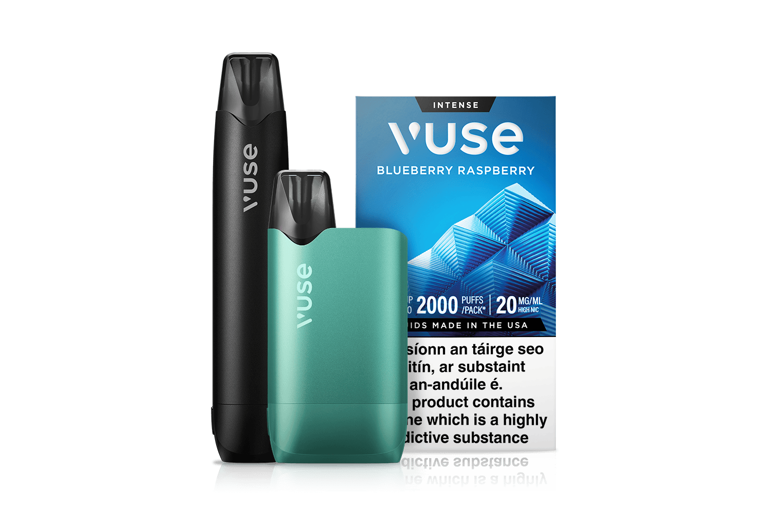 Vuse Ireland Two Vuse vape devices, one black and one green, stand next to a blue Vuse Blueberry Raspberry vape pod pack, with text partially visible below.