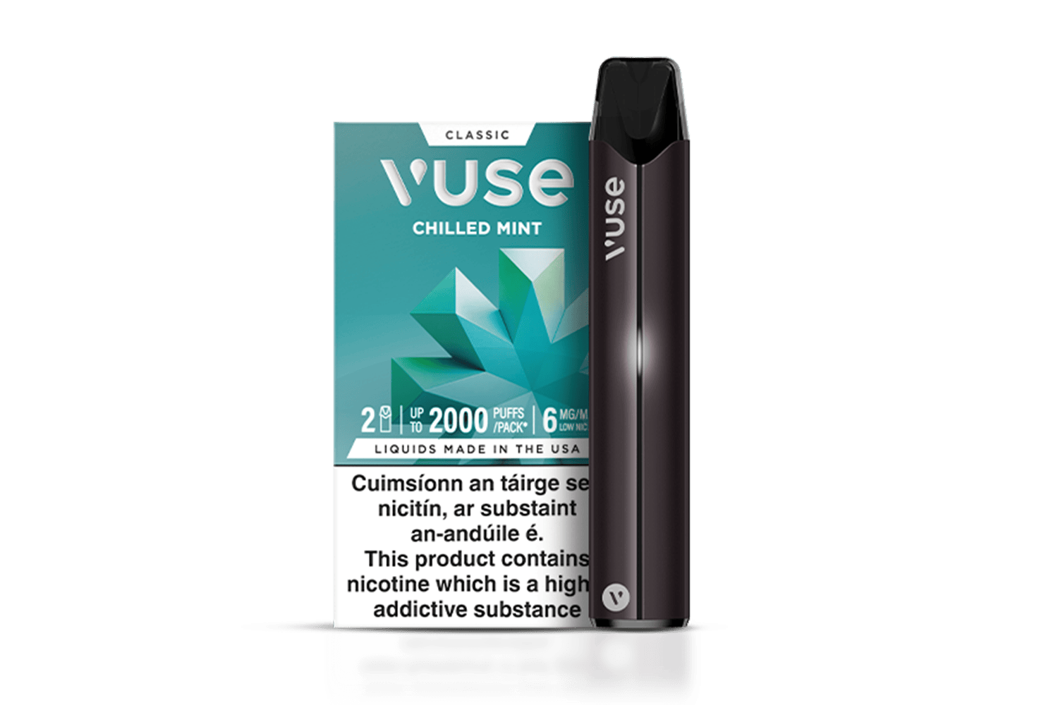 Vuse Ireland A Vuse Chilled Mint vape device stands in front of its packaging, which is teal and white with geometric mint leaves and text warning about nicotine content.