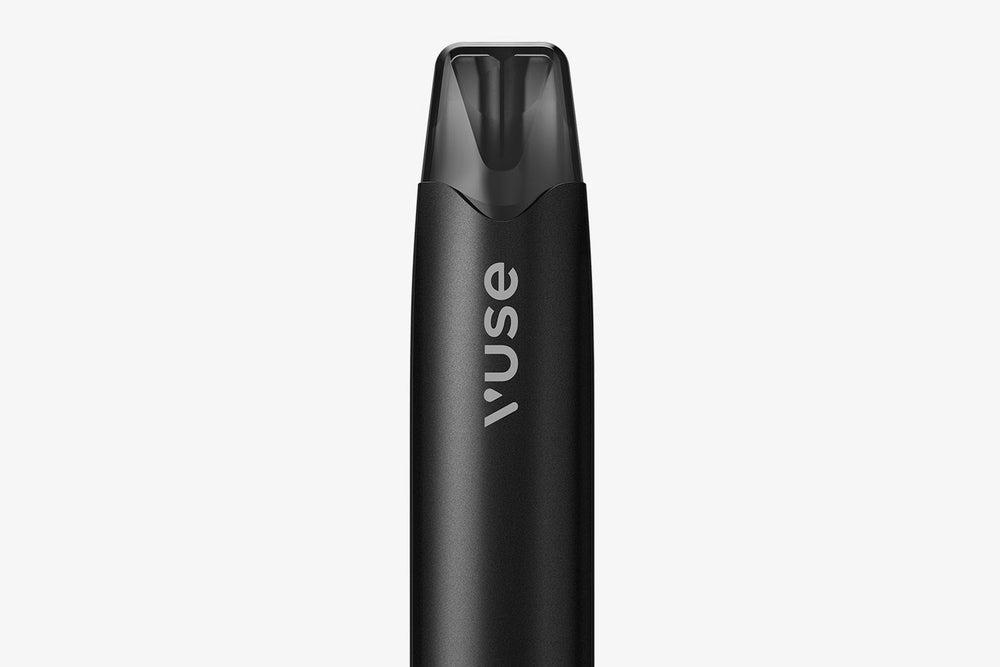 Vuse Ireland A black Vuse vape pen is shown upright on a light gray background, featuring the Vuse logo in white letters on the front.