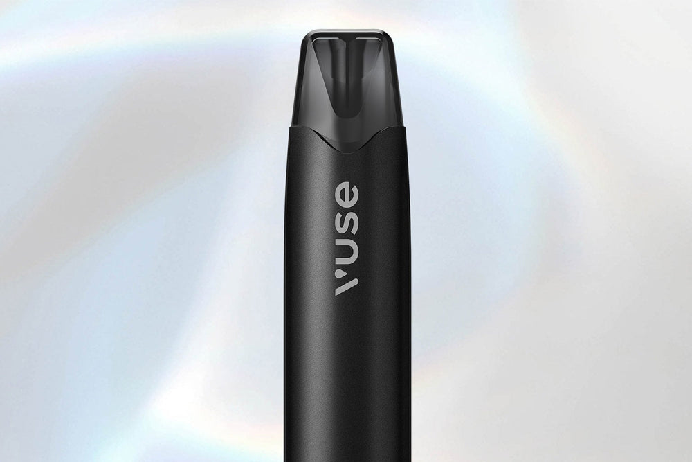 Vuse Ireland A black Vuse vape pen with a transparent mouthpiece is centered against a soft, light background with faint rainbow-like streaks.