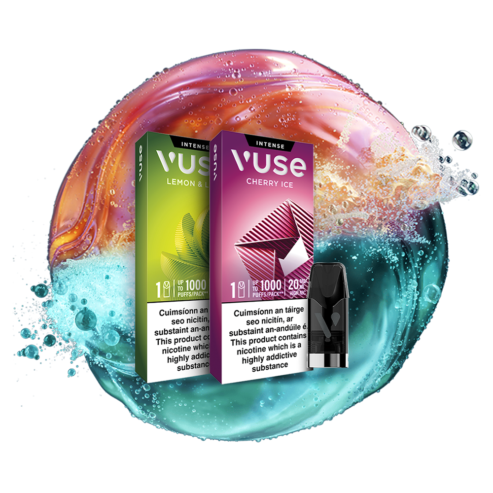 Vuse Ireland Two Vuse vape product boxes, Lemon and Cherry Ice flavors, stand side by side with a vape pod in front, against a colorful, swirling liquid splash background.