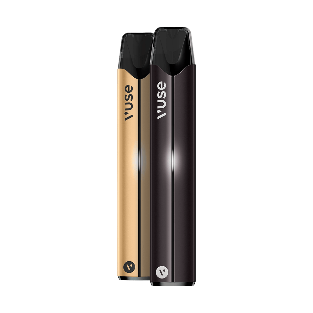 Vuse Ireland Two Vuse e-cigarettes, one gold and one black, stand upright side by side on a plain white background. Both devices have a sleek, slim design with a small circular logo at the base.