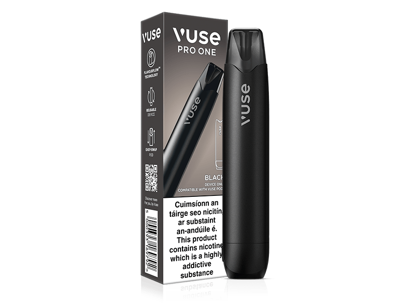 Vuse Ireland A black Vuse Pro One vape device stands beside its packaging, which features product details and a nicotine warning label in both Irish and English.